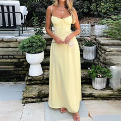 BXOXO Elegant Lace Up A-Line Solid Dress Women Sexy Backless U-Neck Slim Camisole Dress Evening Party Chic Pleated Waist Maxi Vestidos