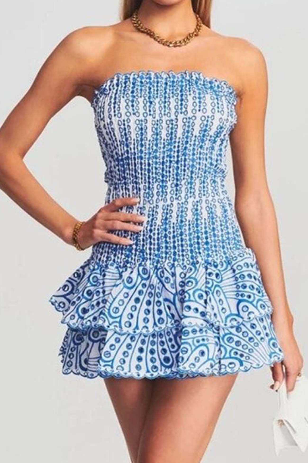 BXOXO - Shirred Off-The-Shoulder Embroidery Tiered Dress