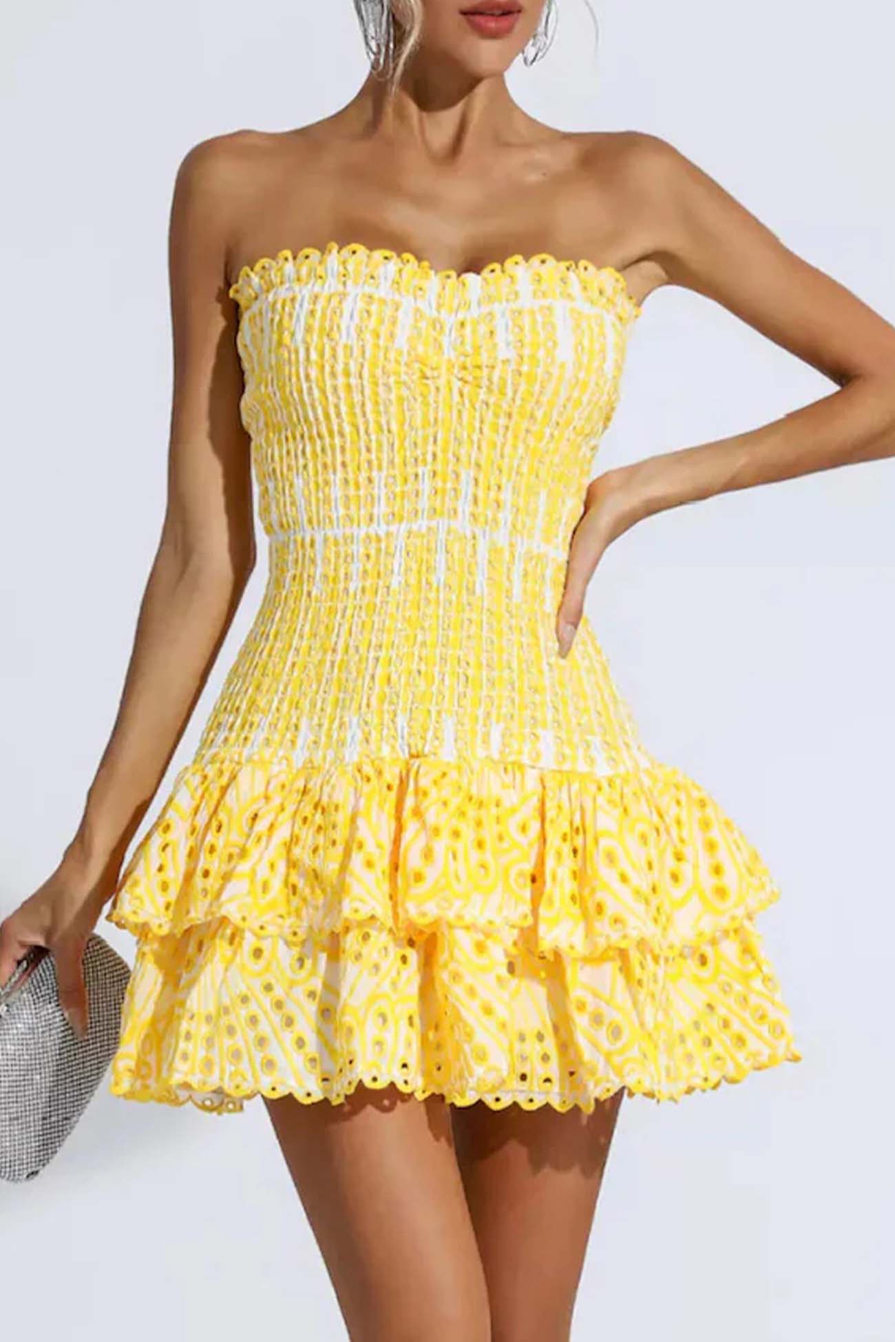 BXOXO - Shirred Off-The-Shoulder Embroidery Tiered Dress