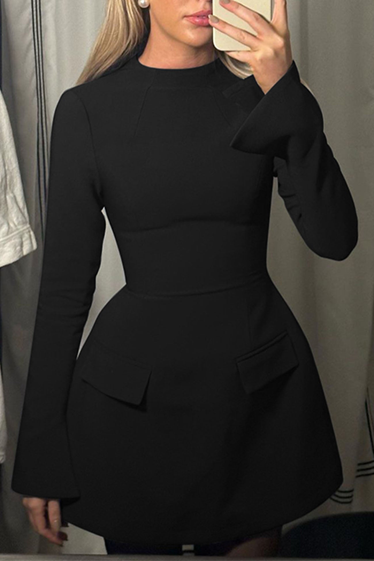 BXOXO - Solid Color Mock Neck Bell Sleeve Dress