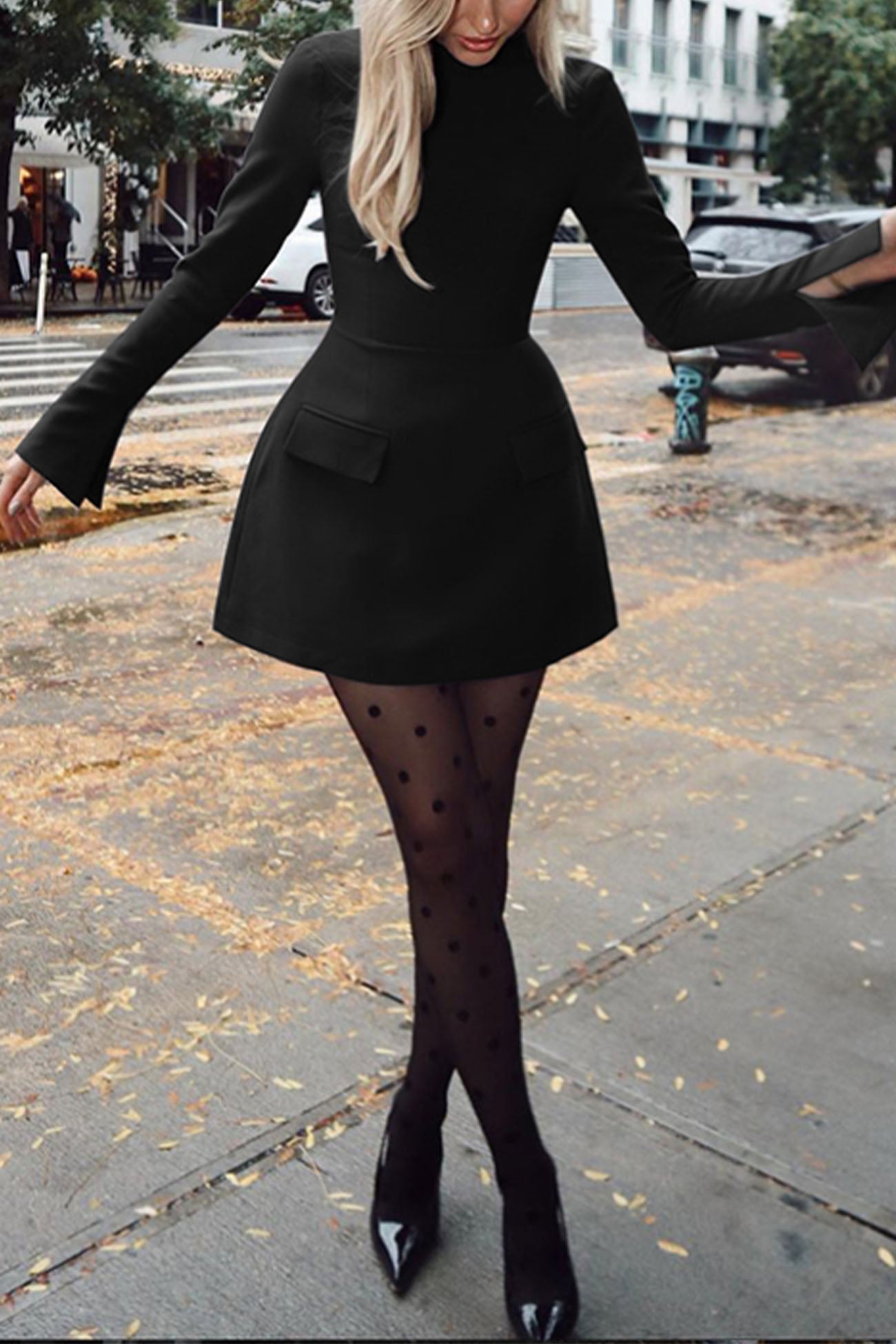BXOXO - Solid Color Mock Neck Bell Sleeve Dress