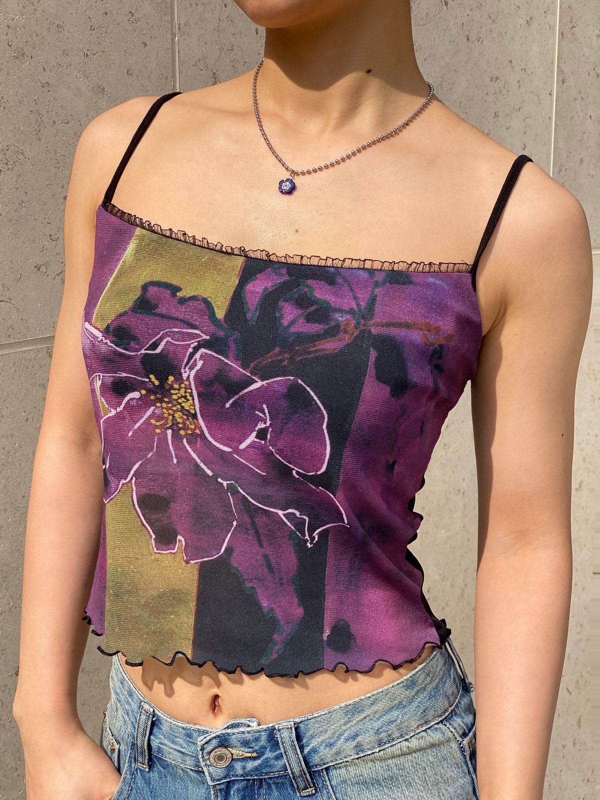 Mesh Floral Print Crop Cami Top