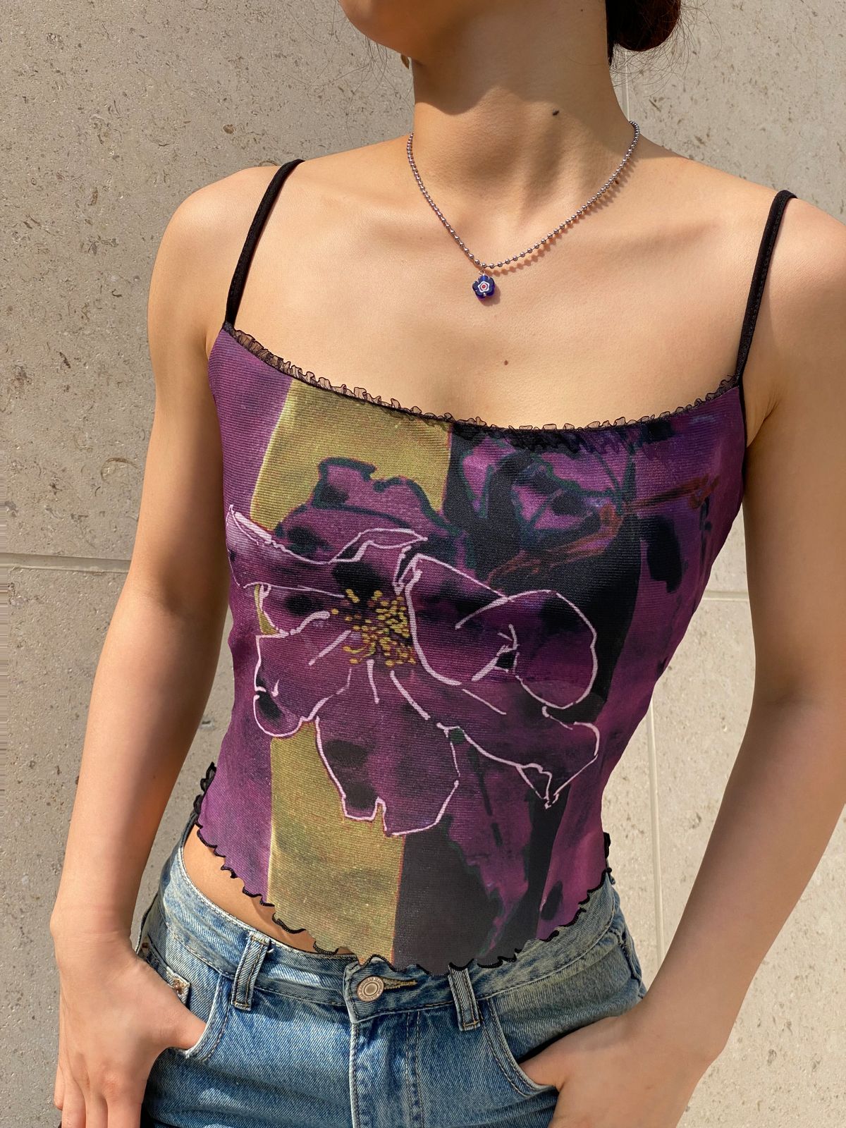 Mesh Floral Print Crop Cami Top