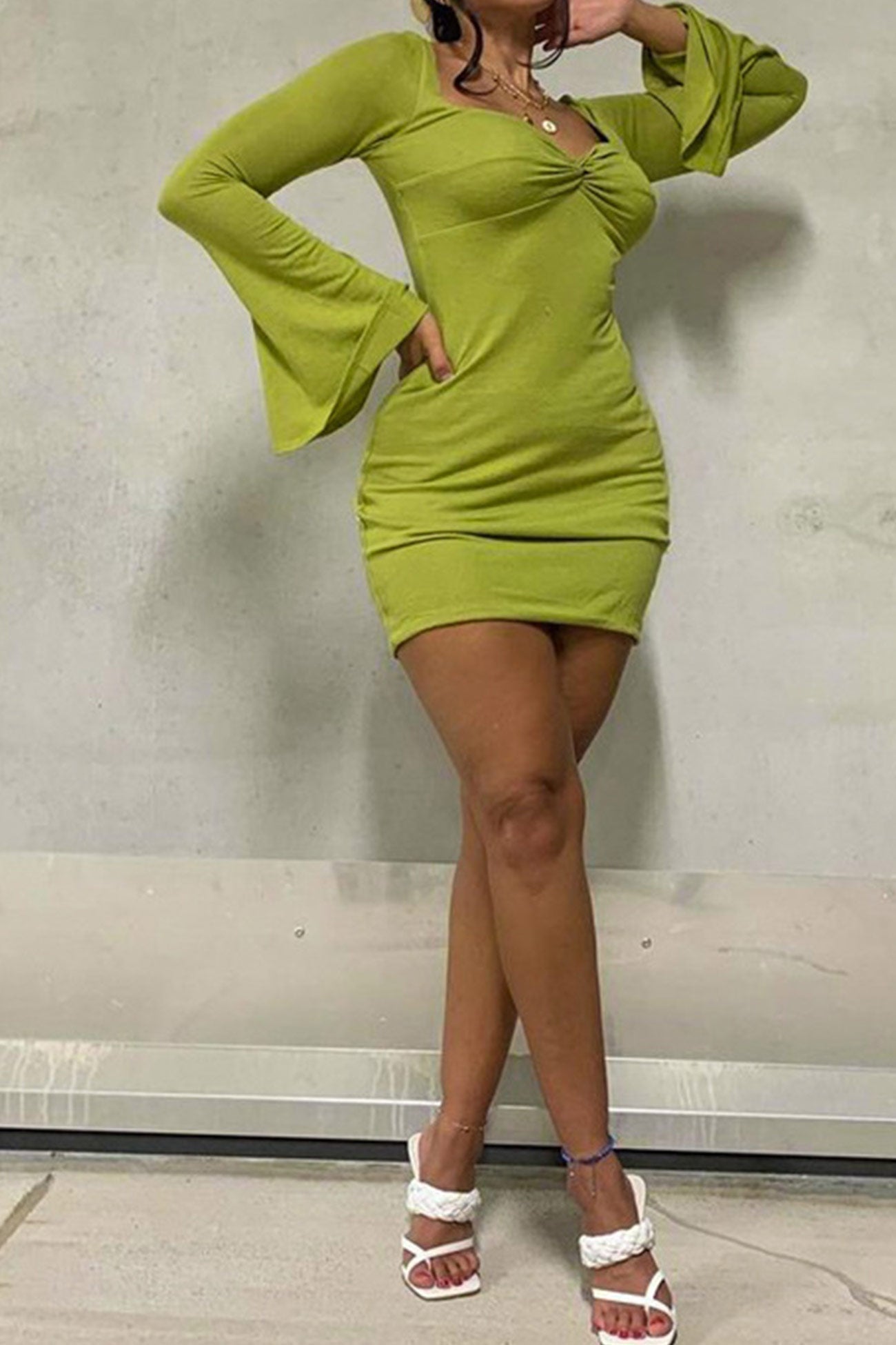 BXOXO - Twisted-front Flares Sleeve Pack Hip Dress