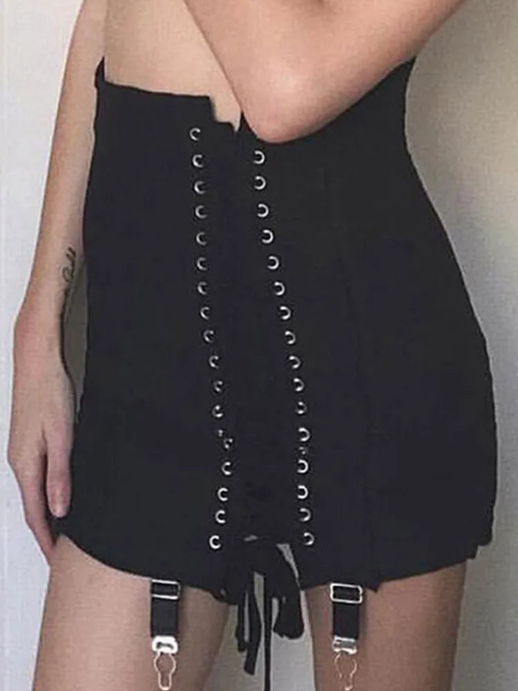 BXOXO Gothic Y2K Vintage Mini Skirt Women Punk Patchwork Summer High Waist Skirt Bodycon Eyelet Lace Up Aesthetic Sexy Skirts