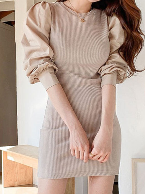 Patchwork Long Sleeve Knit Midi Dress