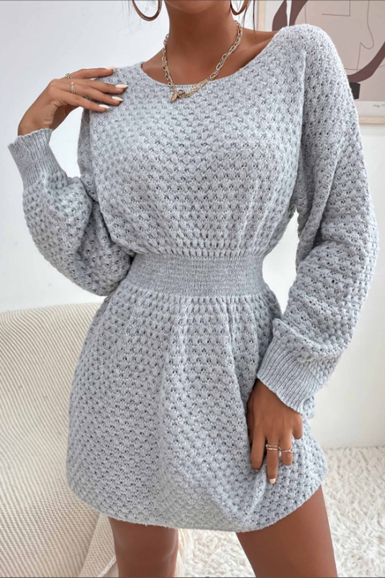 BXOXO - U Neck Cinched Waist Knitted Mini Dress