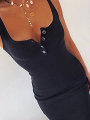 Knee-Length Dress Knitted Elastic Sleeveless Bodycon elegant Women Summer Sexy V-Neck Button Party Slim Dresses