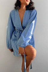 BXOXO - V Neck Button Front Lace Up Denim Dress