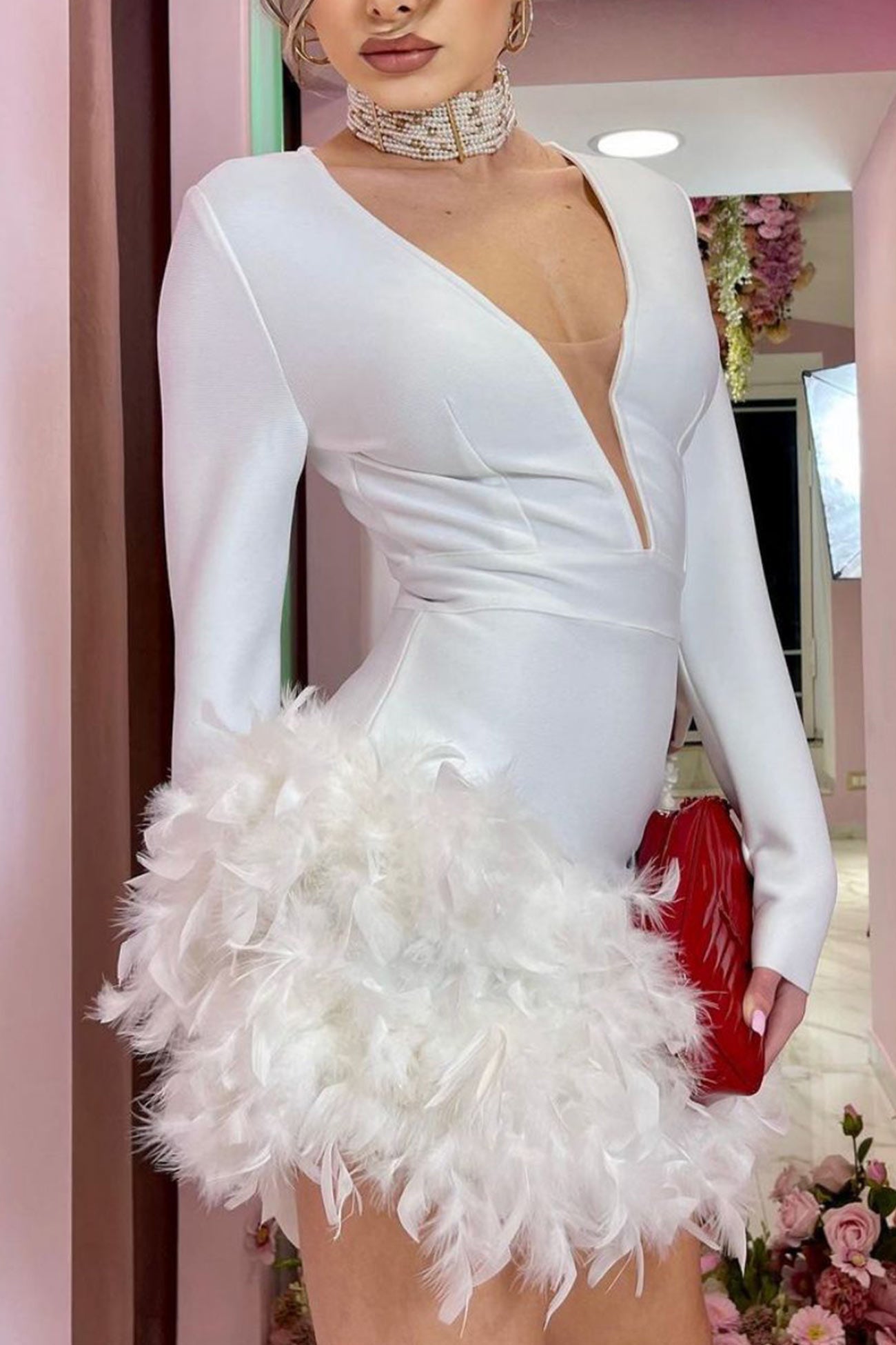 BXOXO - V Neck Feather Pack Hip Mini Dress