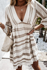BXOXO - V Neck Lace Patchwork Striped Dress