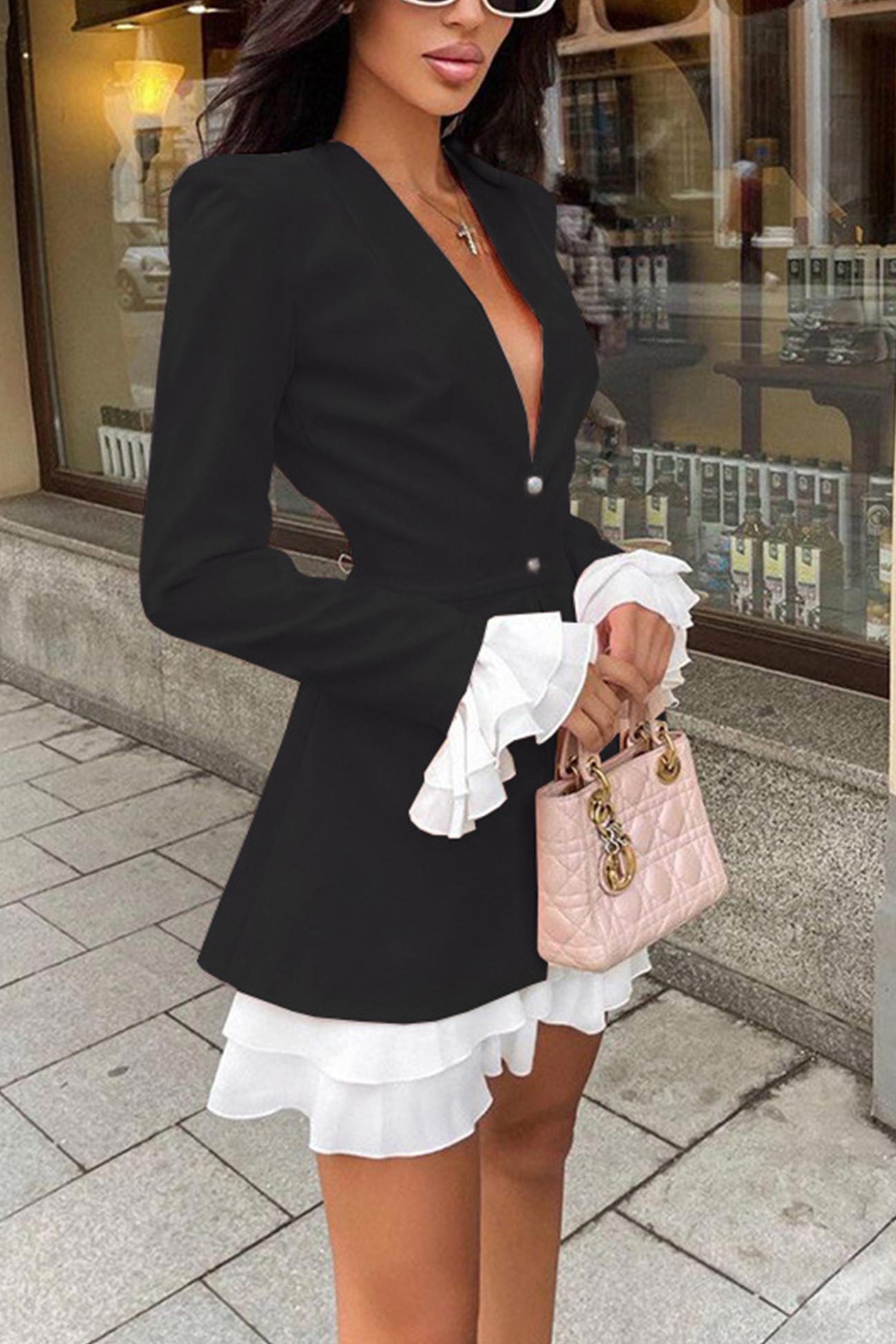 BXOXO - V Neck Ruffle Fake Two-Piece Dress