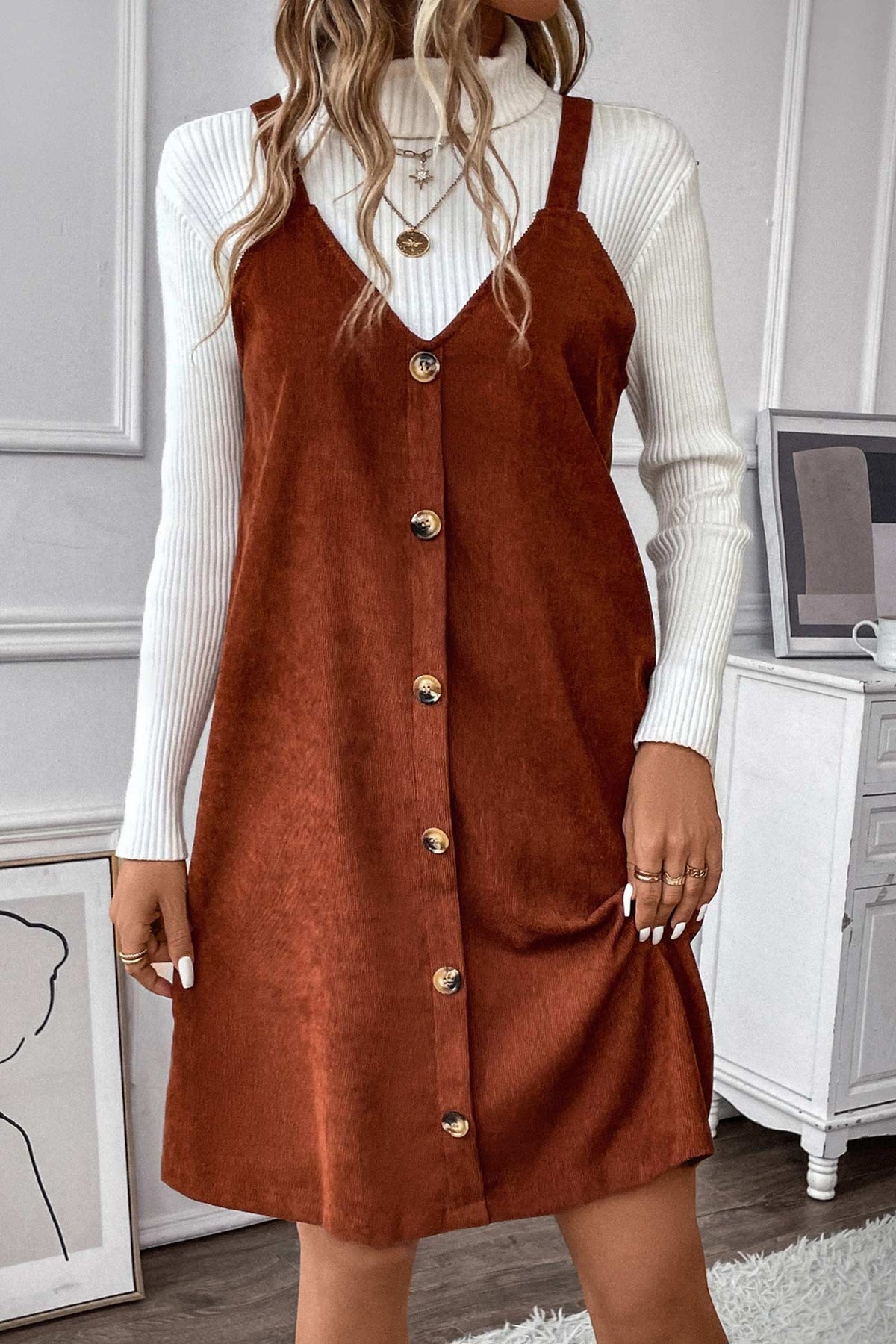BXOXO - V Neck Single-breasted Corduroy Cami Dress