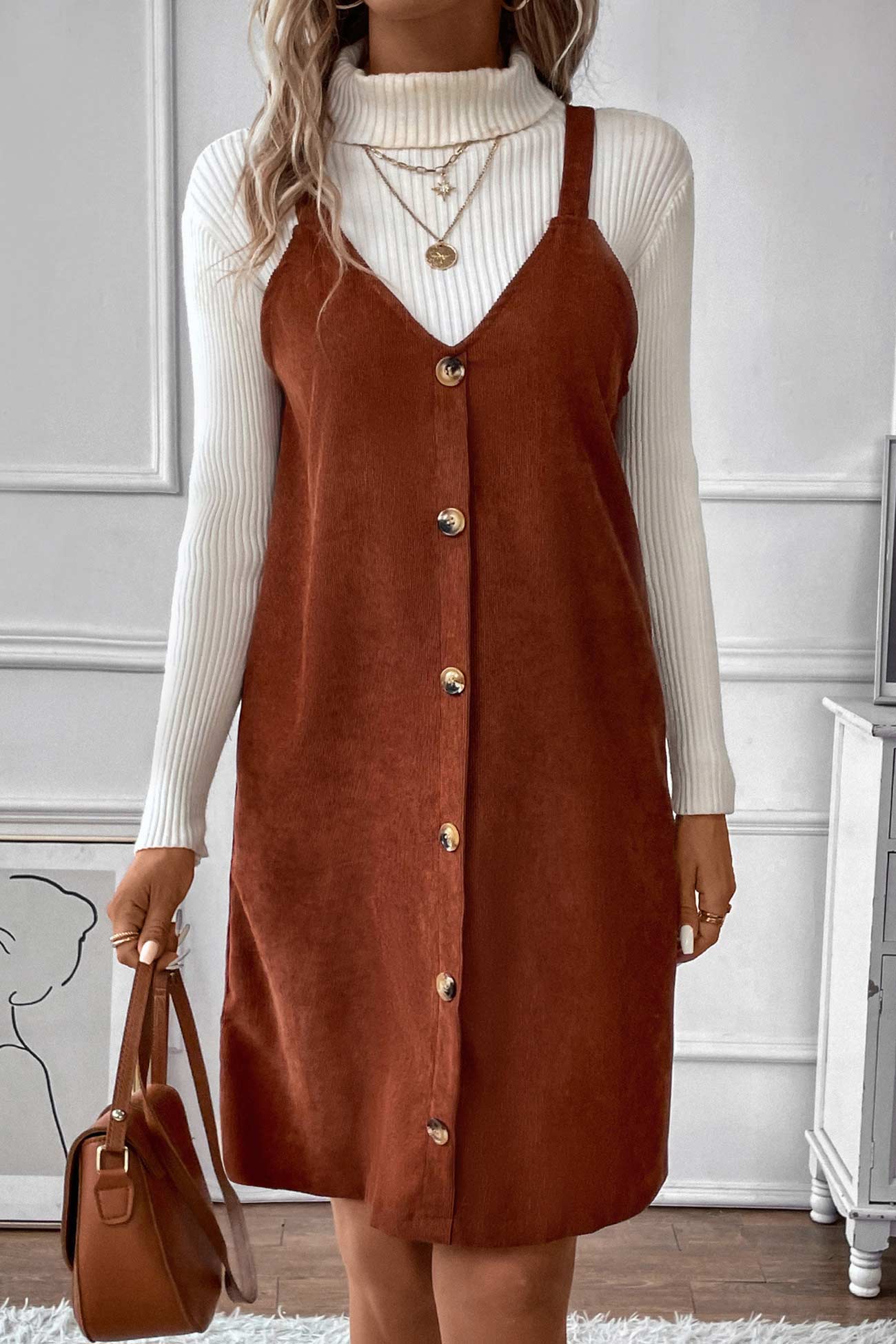 BXOXO - V Neck Single-breasted Corduroy Cami Dress