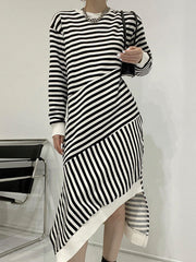 Irregular Split Long Sleeve Striped Maxi Dress