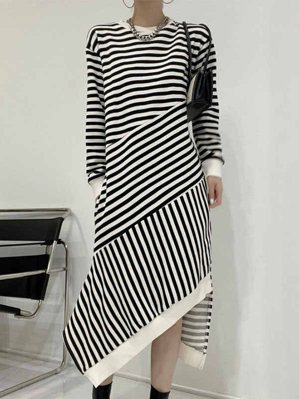 Irregular Split Long Sleeve Striped Maxi Dress