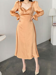 Satin Puff Sleeve Midi Dress