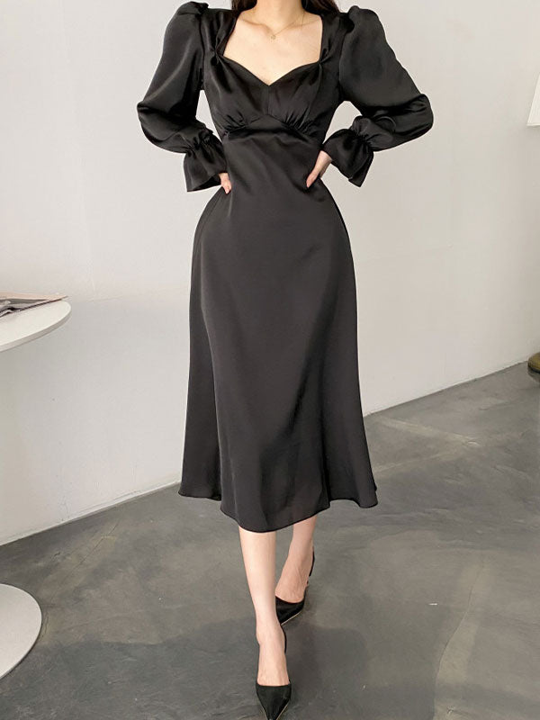 Satin Puff Sleeve Midi Dress