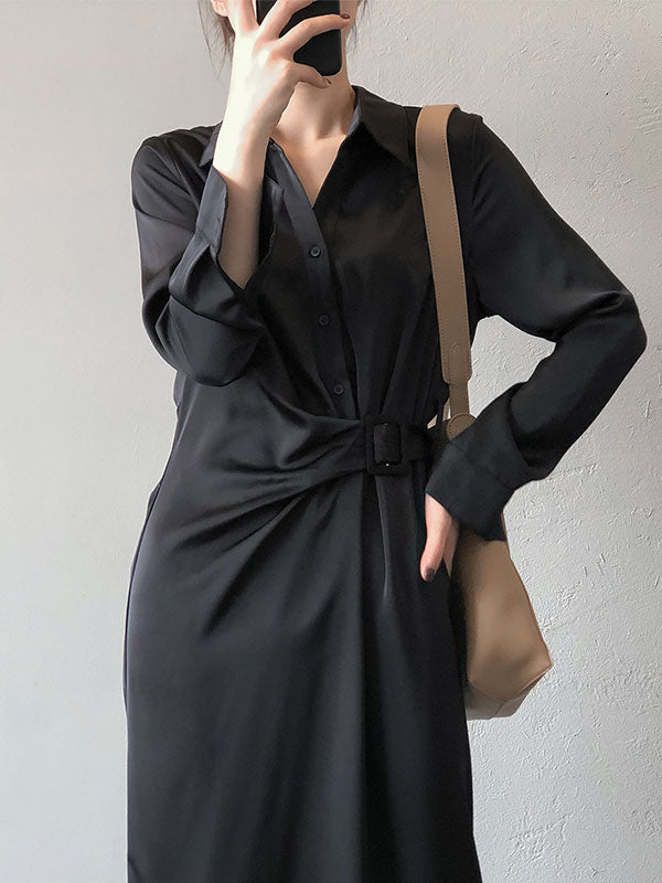 Satin Belted Long Sleeve Shirt Midi Dress