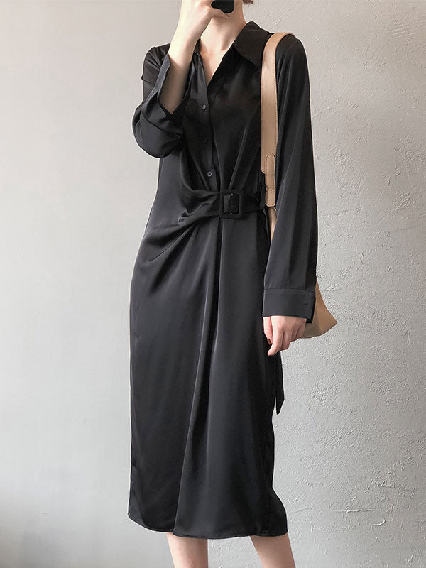 Satin Belted Long Sleeve Shirt Midi Dress