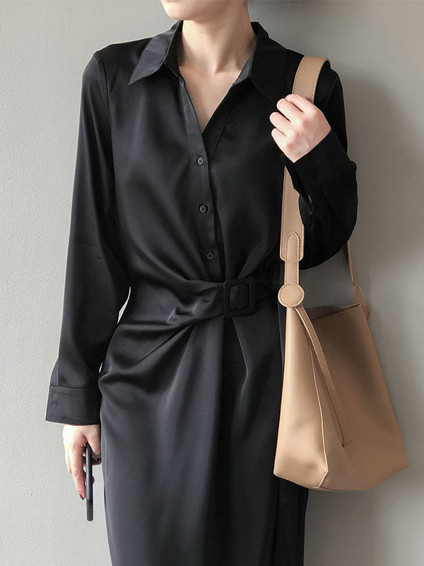 Satin Belted Long Sleeve Shirt Midi Dress