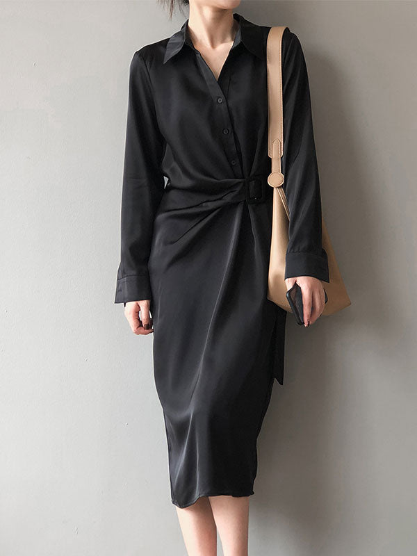 Satin Belted Long Sleeve Shirt Midi Dress