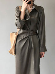 Satin Belted Long Sleeve Shirt Midi Dress