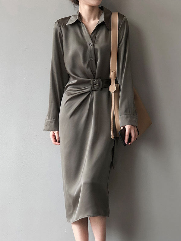 Satin Belted Long Sleeve Shirt Midi Dress