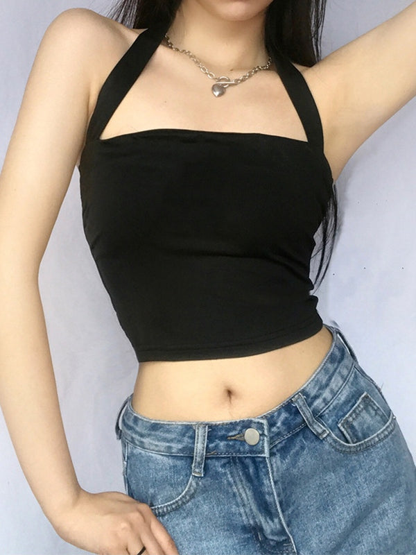 Solid Color Halter Cropped Tank Top