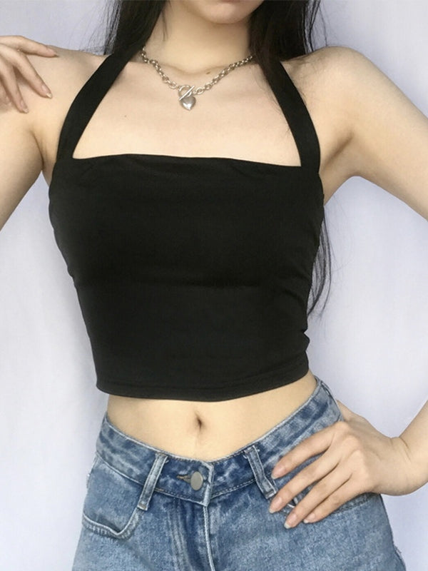 Solid Color Halter Cropped Tank Top