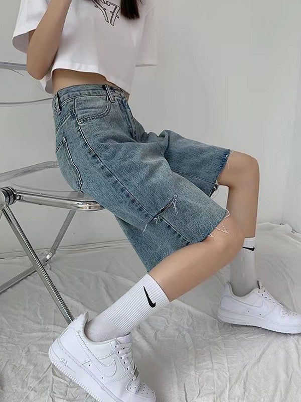 Knee Length Raw Hem Denim Shorts