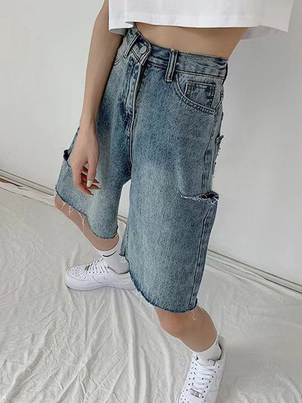 Knee Length Raw Hem Denim Shorts