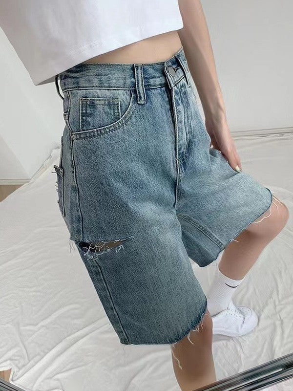 Knee Length Raw Hem Denim Shorts