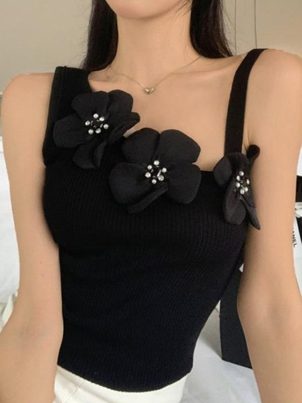 Flower Embellish Ribbed Cropped Tank Top