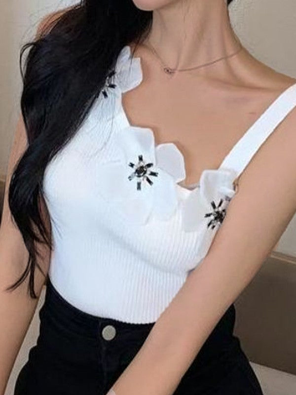 Flower Embellish Ribbed Cropped Tank Top