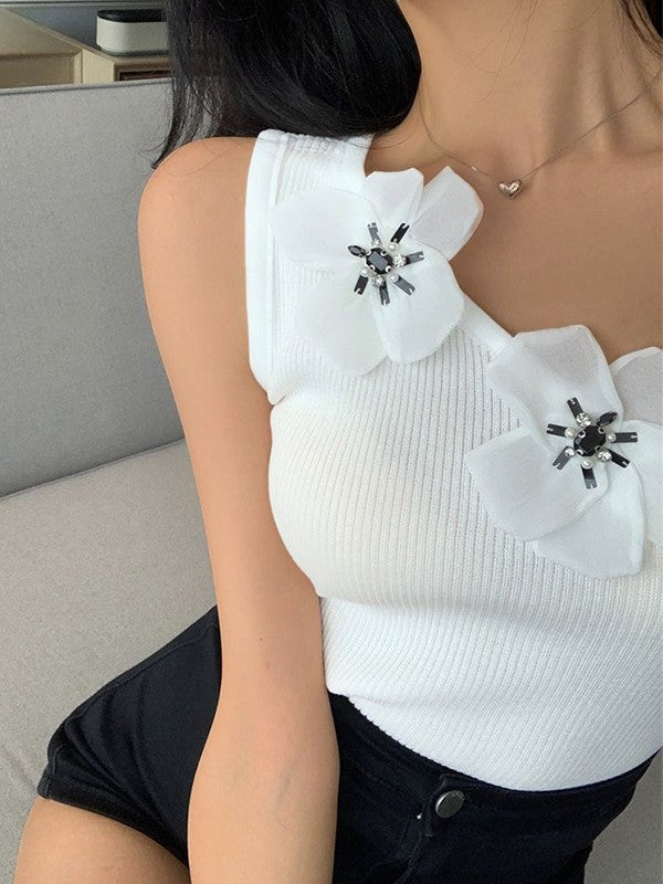 Flower Embellish Ribbed Cropped Tank Top