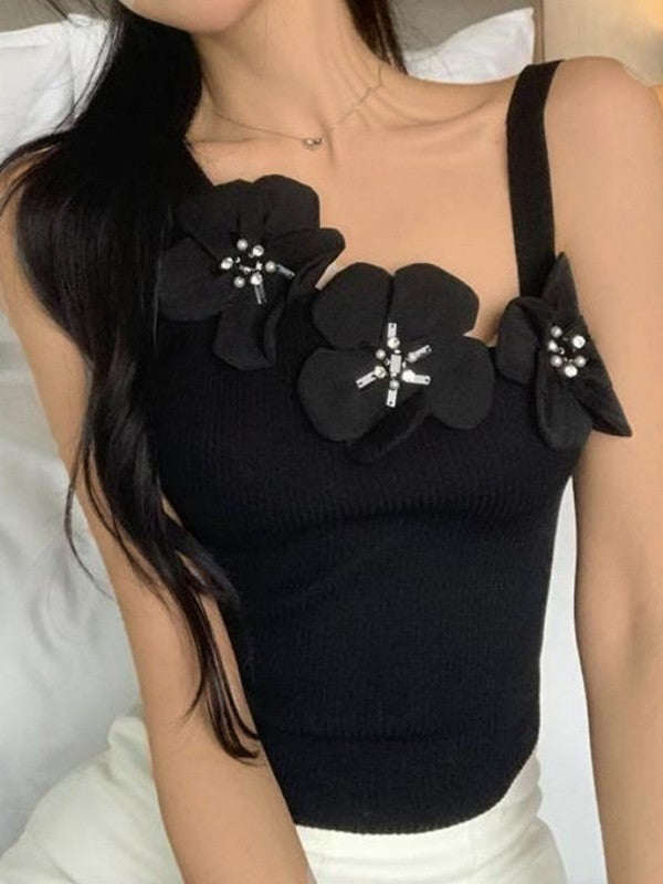 Flower Embellish Ribbed Cropped Tank Top