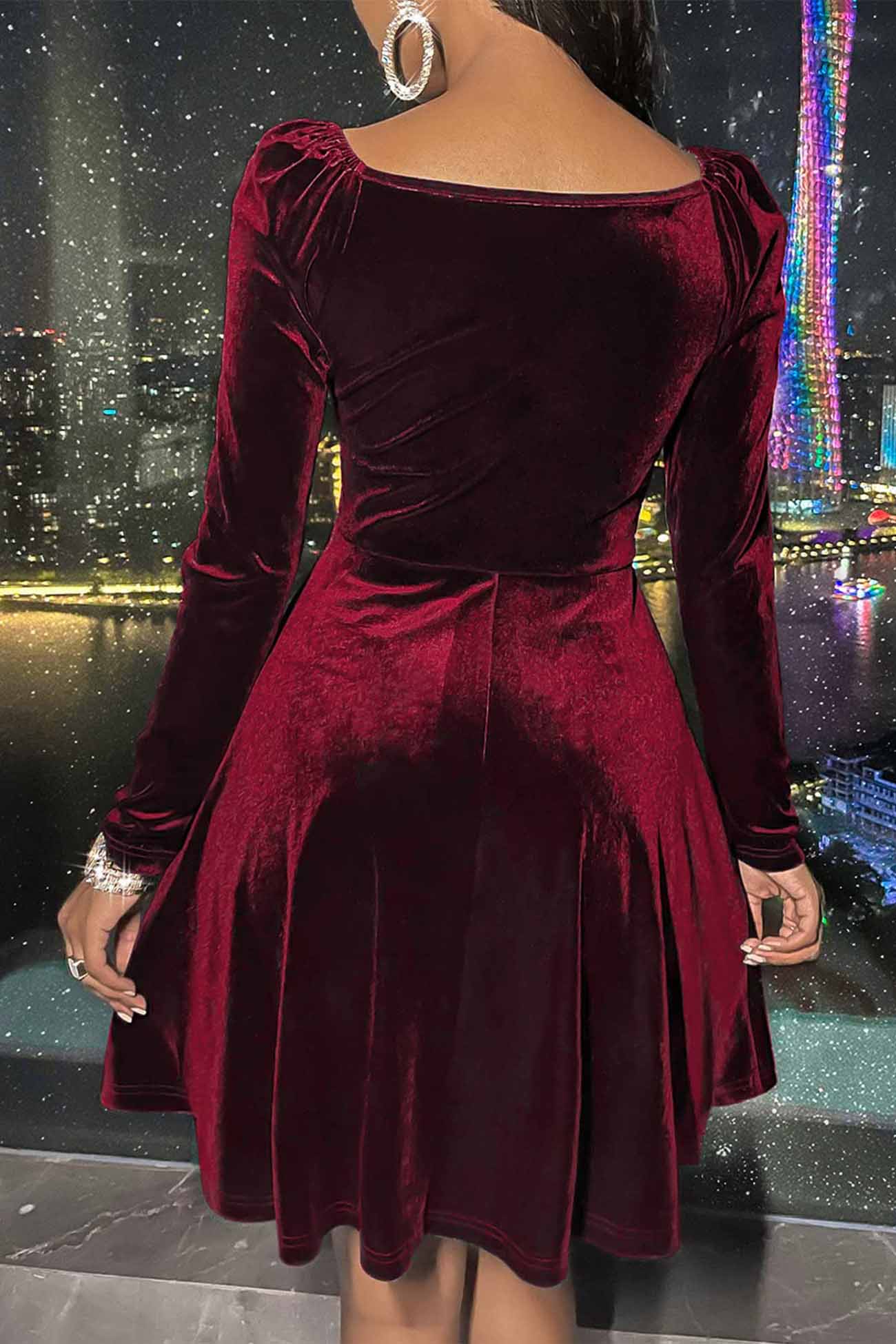 BXOXO - Velvet Deep V Neck Long Sleeve Mini Dress
