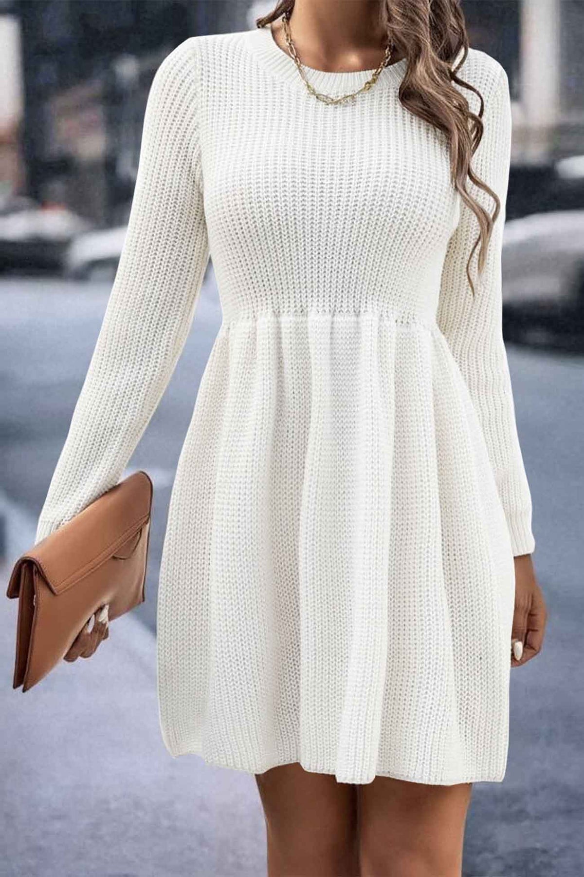 BXOXO - Solid Color Shirring Long Sleeve Knitted Dress