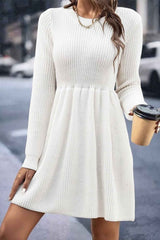 BXOXO - Solid Color Shirring Long Sleeve Knitted Dress