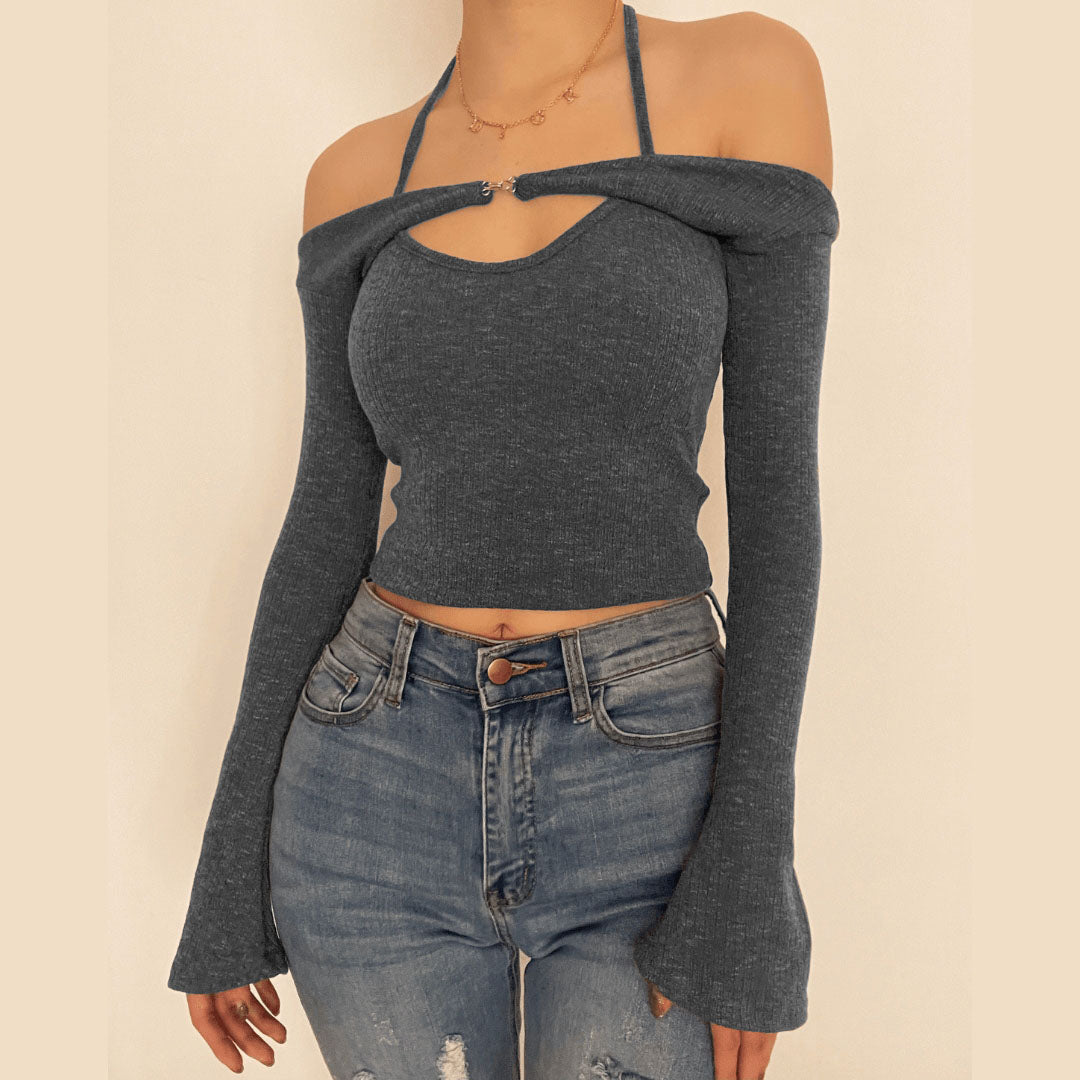 Long Sleeve off Shoulder Knitted 2 Piece Top