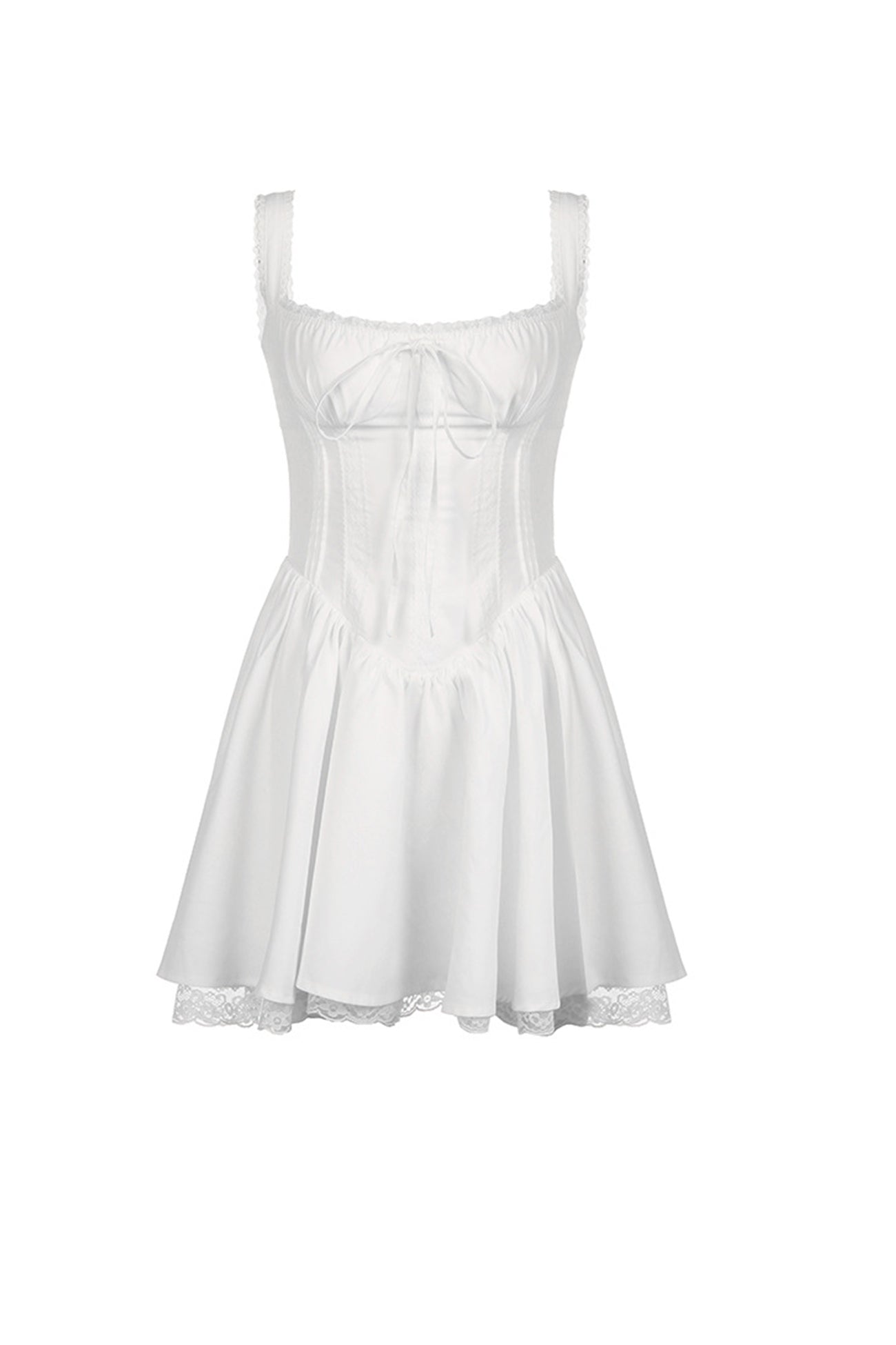 BXOXO - White Lace Stitching Strappy Ruched Cami Dress