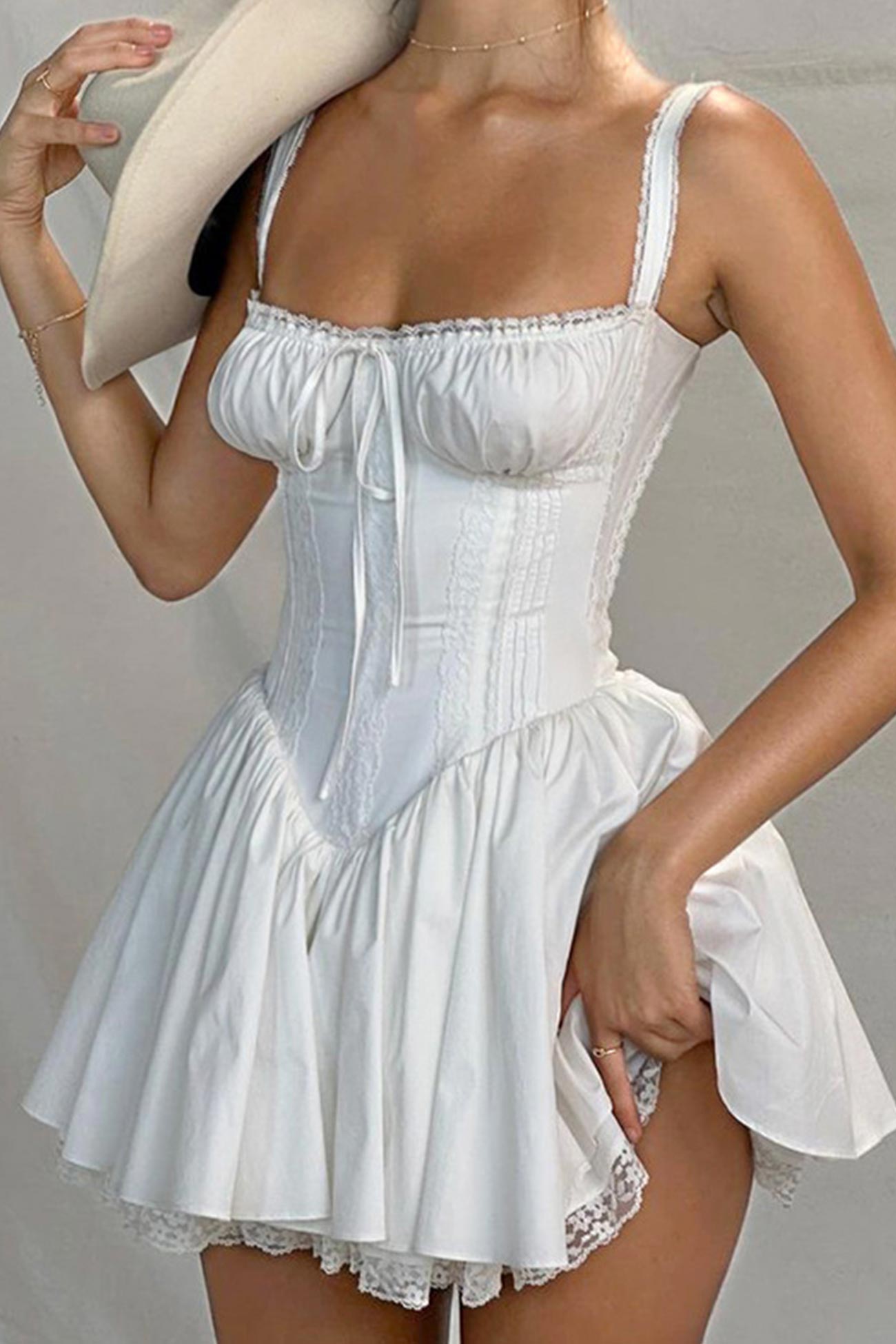 BXOXO - White Lace Stitching Strappy Ruched Cami Dress