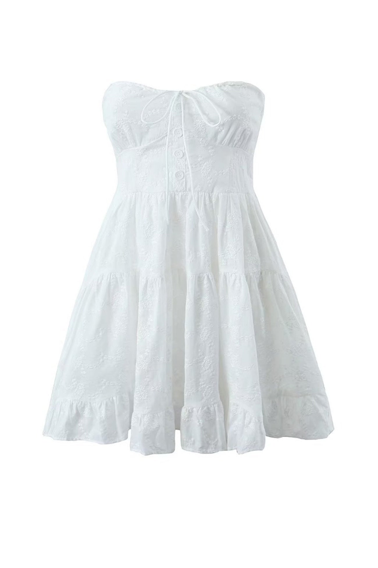 BXOXO - White Lace Tie-up Strapless Tiered Dress