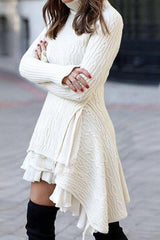 BXOXO - White Turtleneck Cable Knit Ruffled Mini Dress