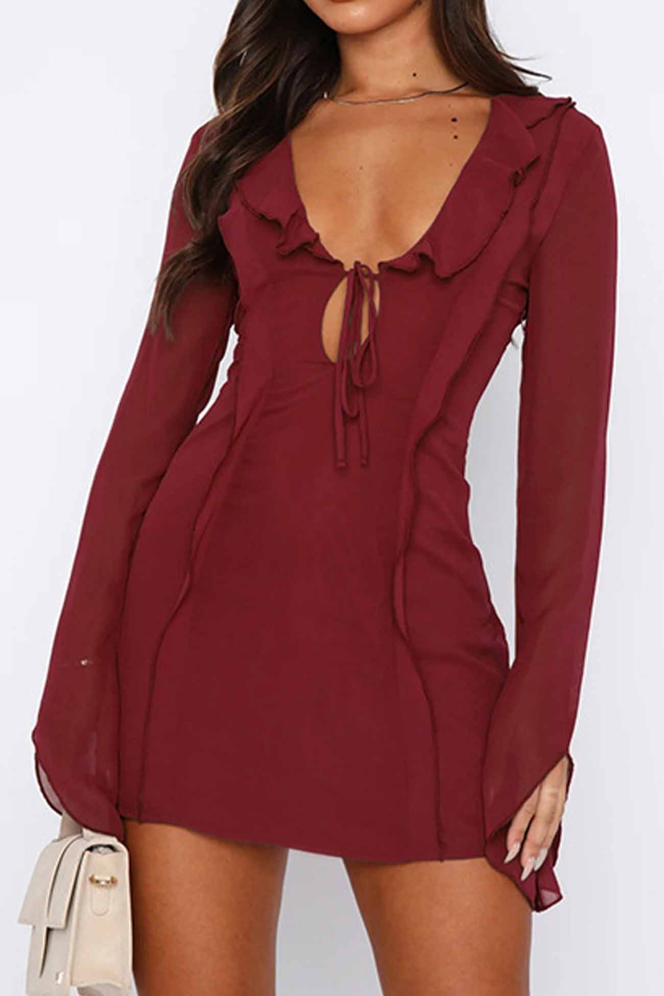 BXOXO - Ruffled Long Sleeved Lace Up Mini Dress