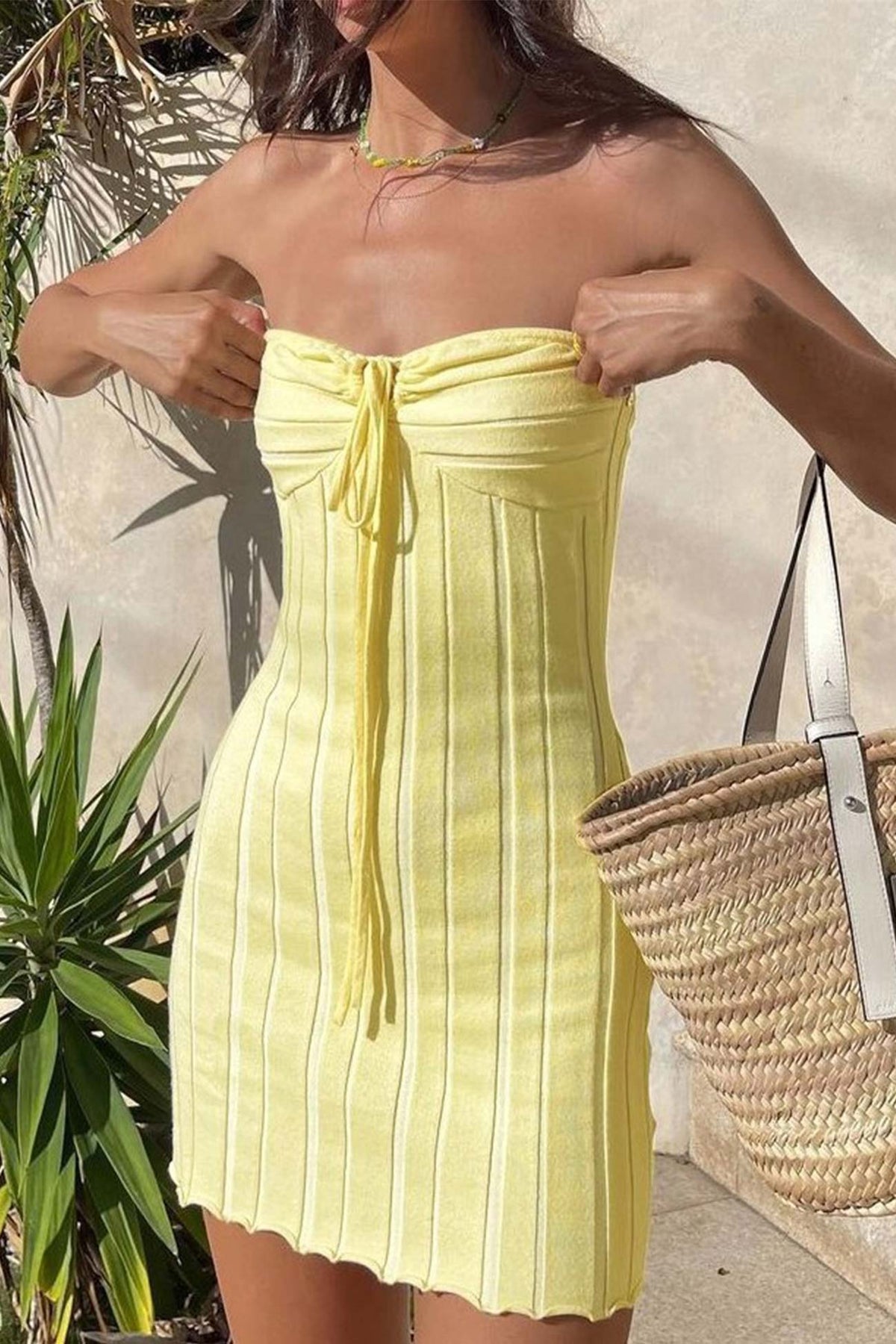 BXOXO - Yellow Strapless Lace Up Knitted Dress