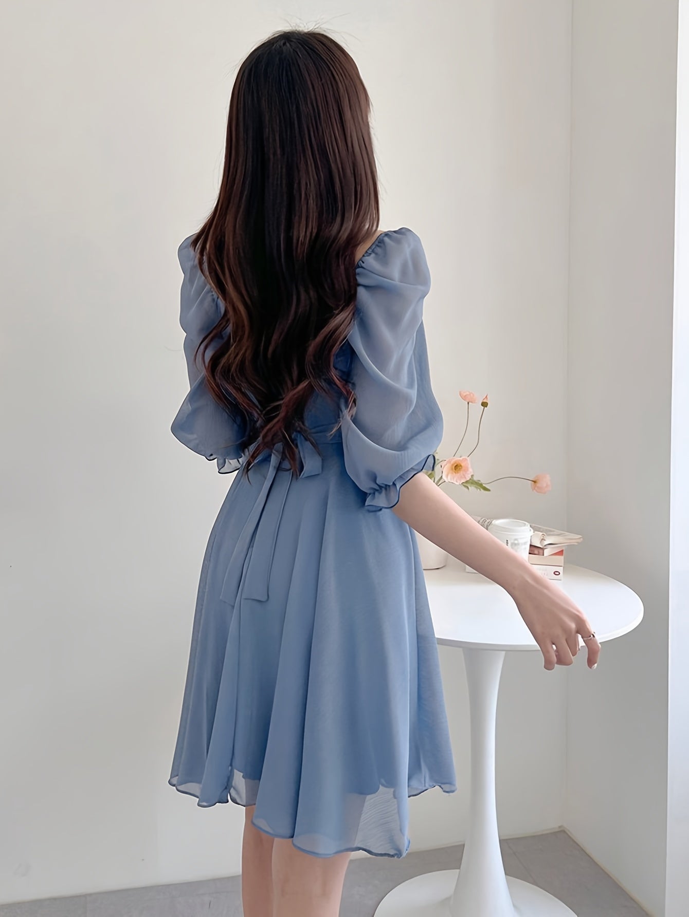 BXOXO Solid Color Square Neck Dress, Elegant Short Sleeve Tie Waist A-line Flowy Dress for Spring & Summer, Women's Clothing