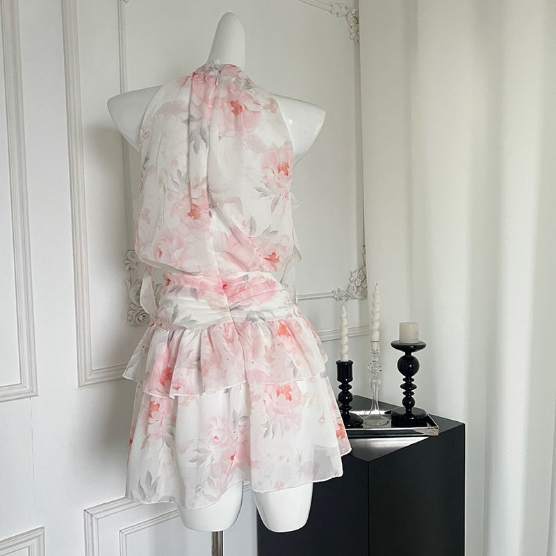 BXOXO - summer inspo 2025 Summer Halter Neck Floral Print Dress Beach Style Party Mini Dress Women's Sweet Sleeveless Dresses