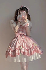 BXOXO - White/Pink Short Sleeves Ruffle Bowknot Princess Sweet Lolita OP Dress